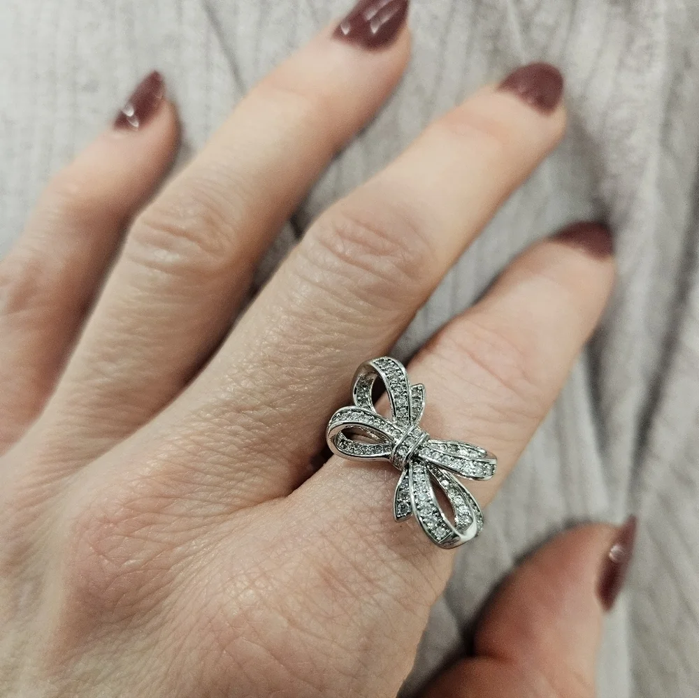 NEW Crystalled Bow Silver-Tone Ring Multiple Sizes Available